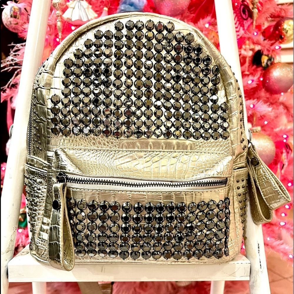Amazing Gold Crocodile Backpack Purse Rhinestones Studs Christmas